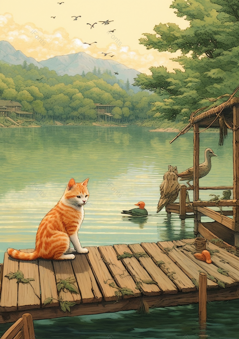 橙色橘猫湖泊插画背景,插画/手绘图,插画/手绘图库,插画/手绘图下载,插画/手绘